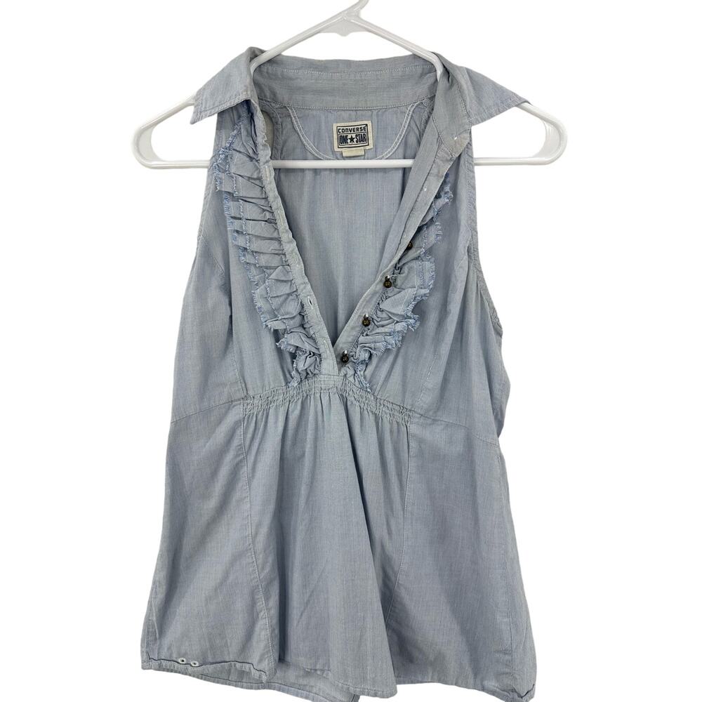 Converse One Star Blue and White Ruffle Button-Down Sleeveless XS Top Preowned